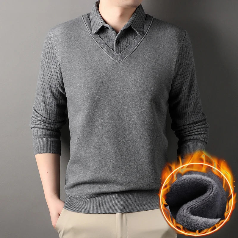 Men's Vintage Sweater Business Casual Pullover Slim Fit Fleece Lined Clothes Fake Two Pieces Knitted Sweaters