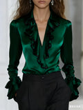 Elegant Satin Blouse for Women Lapel Ruffle Trim V‑Neck Long Flare Sleeve Office Work Shirt