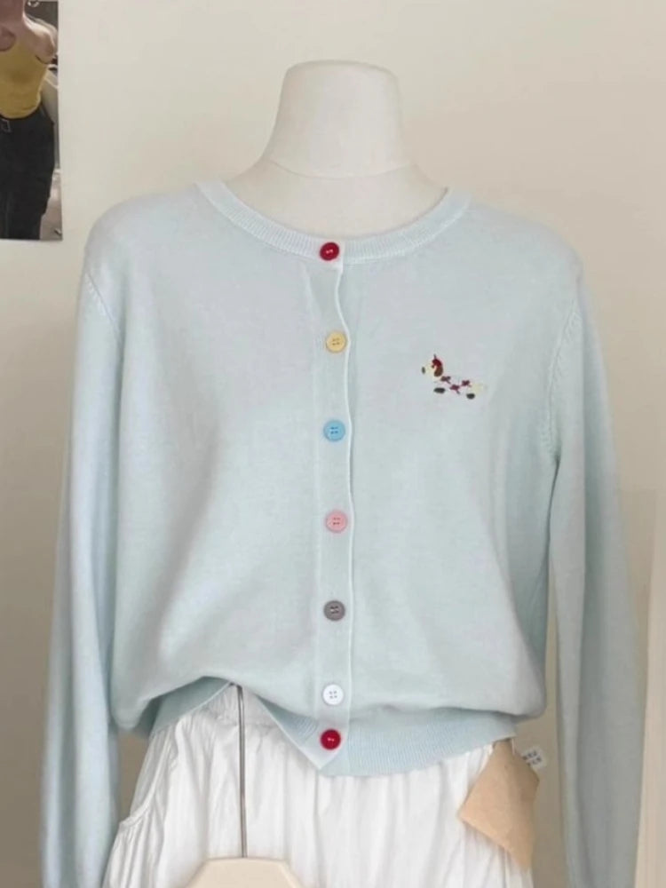 Autumn Winter 2026 Soft Elegant O-neck Loose Casual Sweaters Women Knitted Chic Embroidery Cardigan Basic Colorful Buttons Tops