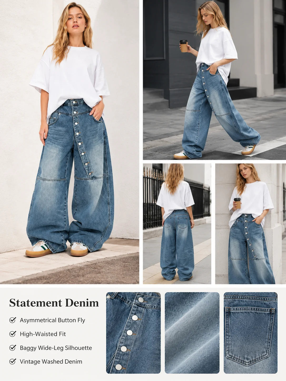 Women's Asymmetric Button Front Baggy Jeans, High Waist Vintage Washed Wide Leg Denim Pants Y2K Streetwear Loose Barrel Jeans for Daily Wear