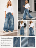 Women's Asymmetric Button Front Baggy Jeans, High Waist Vintage Washed Wide Leg Denim Pants Y2K Streetwear Loose Barrel Jeans for Daily Wear