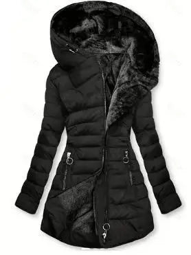 Women Hooded Warm Padded Jacket Fleece Lined Interior Diagonal Zipper Slim Silhouette Mid Length Winter Outer Coat