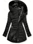 Women Hooded Warm Padded Jacket Fleece Lined Interior Diagonal Zipper Slim Silhouette Mid Length Winter Outer Coat