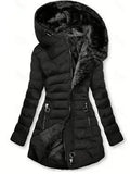 Women Hooded Warm Padded Jacket Fleece Lined Interior Diagonal Zipper Slim Silhouette Mid Length Winter Outer Coat