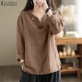 Vintage Women Blouse Autumn Long Sleeve Shirt Female V Neck Work Holiday Blusas ZANZEA Casual Solid Loose Shirt Cotton Chemise