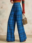 Women High Waist Pleated Plaid Wide Leg Pants Relaxed Fit Straight Trousers Casual Streetwear Bottoms For Daily Outing