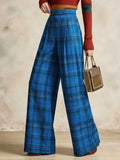 Women High Waist Pleated Plaid Wide Leg Pants Relaxed Fit Straight Trousers Casual Streetwear Bottoms For Daily Outing