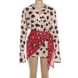 Coachella Style Polka Dot Two Piece Outfit, Sheer Flare Sleeve Shirt & Wrap Skirt, Casual Vacation Set For Women