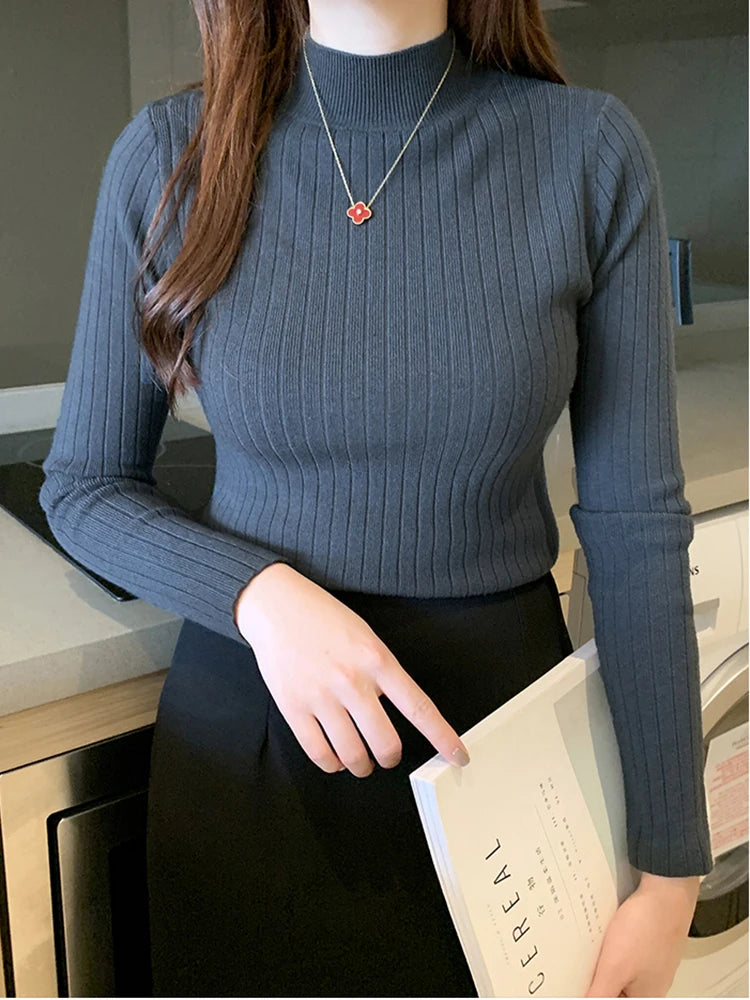 2026 New Autumn Winter Knitted Ribbed Jumper Tops Women Turtleneck Pullovers Sweaters Long Sleeve Korean Slim-fit Female Sweater