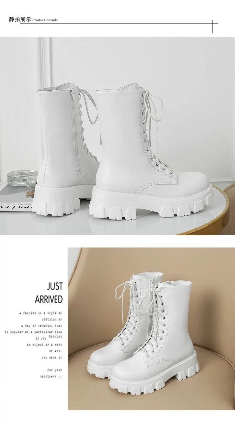 Platform Women's Ankle Boots Autumn 2023 Black White Thick Bottom Motorcycle Botas Mujer Pu Leather Non-Slip Combat Boots Women