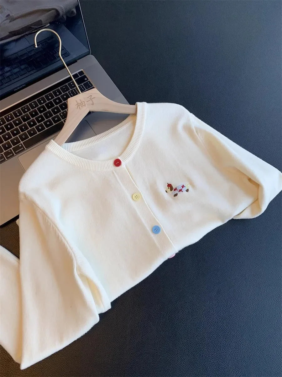 Autumn Winter 2026 Soft Elegant O-neck Loose Casual Sweaters Women Knitted Chic Embroidery Cardigan Basic Colorful Buttons Tops