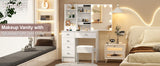 Teousev White LED Makeup Vanity Set with Sliding Mirror, 3-Color Dimmable Lights, 6 Drawers & Stool, Modern Dressing Table