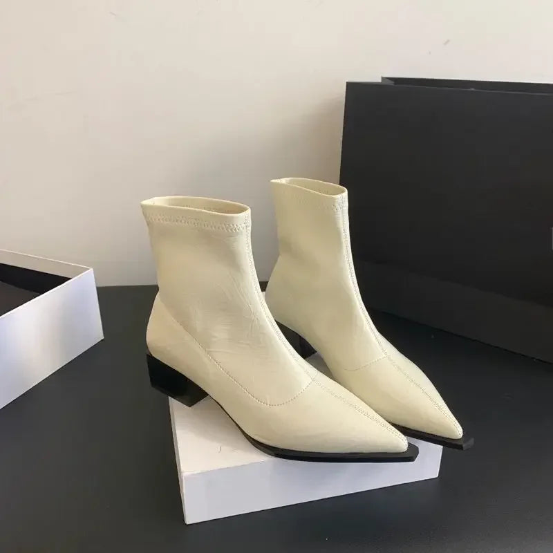 Pointed Toe Women Slim Ankle Boots Fashion Square Low Heel Ladies Elegant Back Zippers Short Booties Women's Footwear