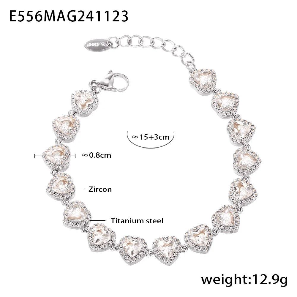 Colorful Zircon Necklace Heart Chain Bracelet Set Women's 316L Stainless Steel Gold-Plated Luxury Wedding Jewelry Accessories