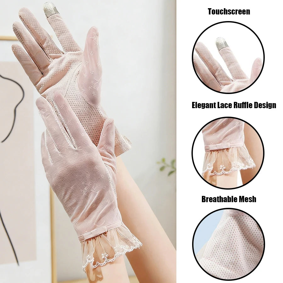 Sun Protection Lace Gloves Summer Touchscreen Breathable Non-Slip Driving Gloves Elegant Lace Design for Women Outdoor Shopping