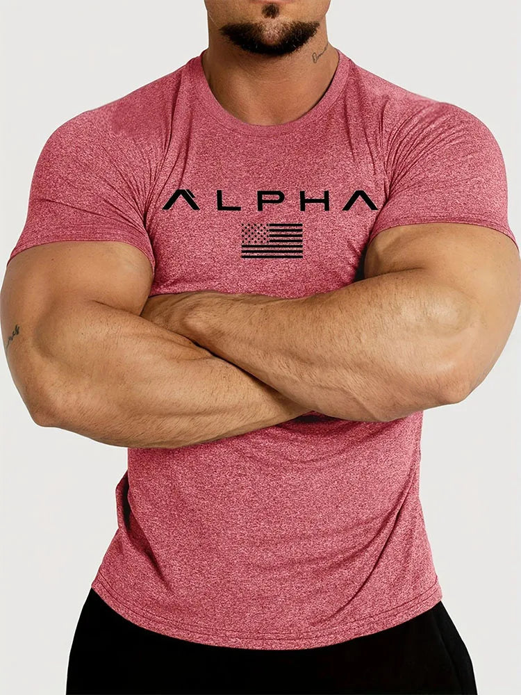 Spring and Summer Pure Color Printing Sports Fitness Short-sleeved T-shirt Men's O Neck Stretch Training Exercise T-shirt top