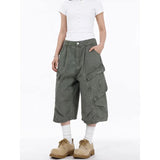 ZHIZOU Summer Women American Retro Green Cargo Jeans Shorts Y2K 2000s Harajuku Denim Calf-Length Pants Streetwear High Street
