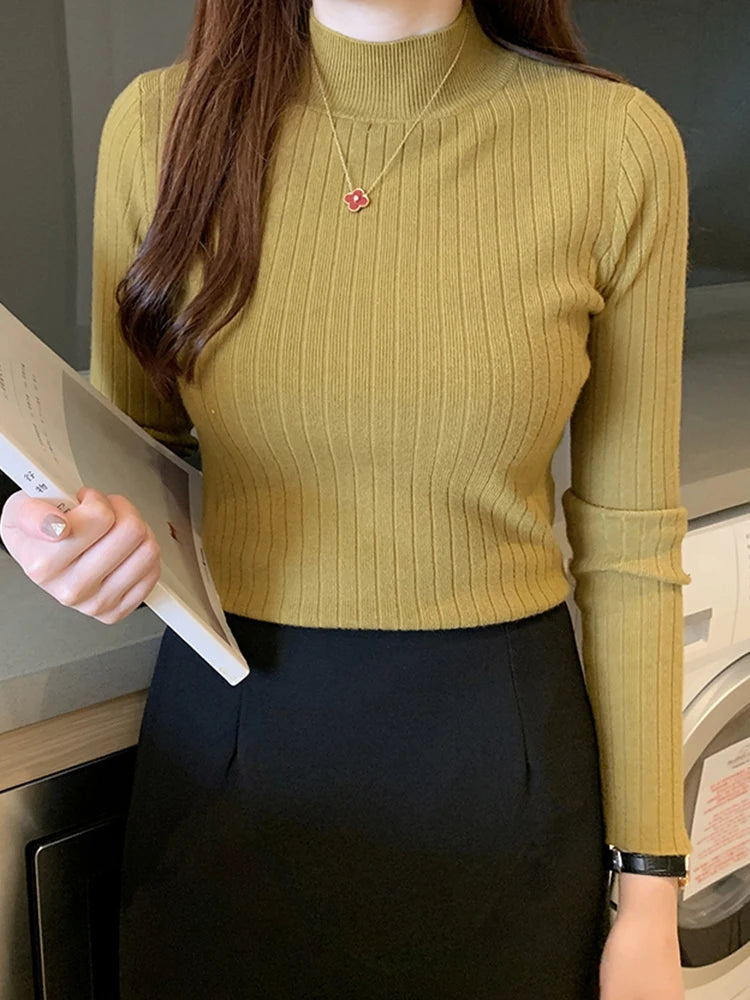 2026 New Autumn Winter Knitted Ribbed Jumper Tops Women Turtleneck Pullovers Sweaters Long Sleeve Korean Slim-fit Female Sweater