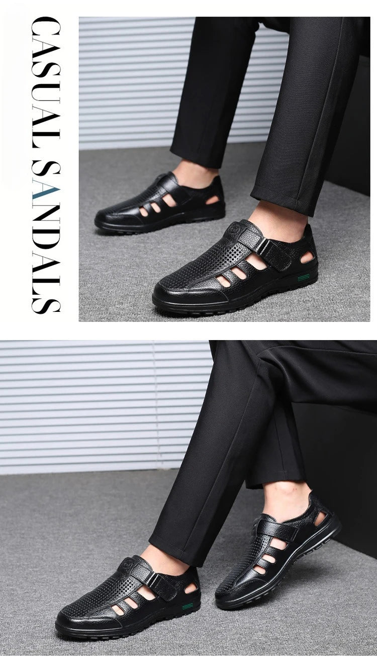 Men's Genuine Leather Sandals Men Summer Hollow Breathable Leather Shoes Mens Casual Soft Comfortable Flats EU Sizes 38-48