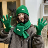 Solid Color Touch Screen Gloves Women Korean Autumn Winter Warm Knitted Three-piece Set Scarves Gloves Hat Women's Glove Sets