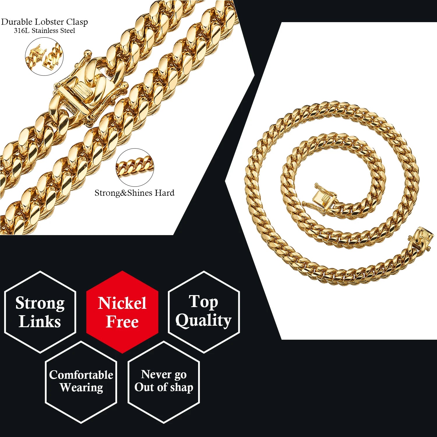 6-14mm Wide Stainless Steel Cuban Miami Chains Necklaces Mens Necklace Chain 316L Stainless Steel Hip Hop Necklace Gold Color