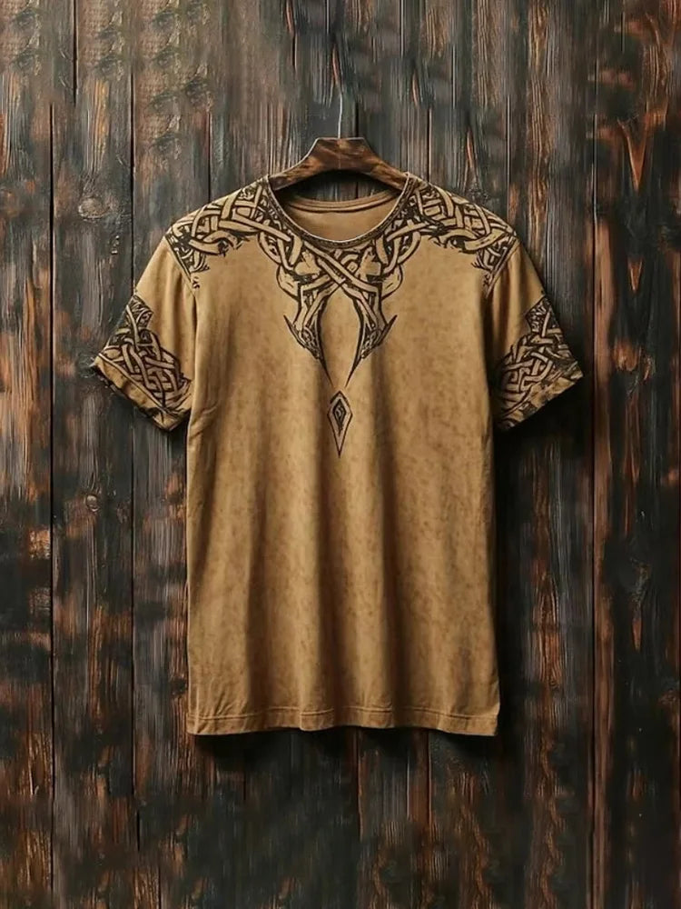 New Retro-style Outdoor Street Men's Loose Short-sleeved Casual Shirt With Tribal Ethnic Symbol Print Men's Fashionable T-shirt