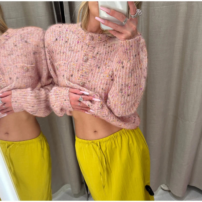 Chic Speckled Knit Cardigan Round Neck Shoulder Pads Long Sleeve Single Breasted Patch Pockets Daily Women Top 2026 Autumn Tops
