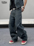UP.THE Men Dark Raw Denim Baggy Wide Leg Jeans, Y2K Oversized Loose Curved Spliced Eyelet Denim Pants, Industrial Streetwear Trousers for Daily Outfits