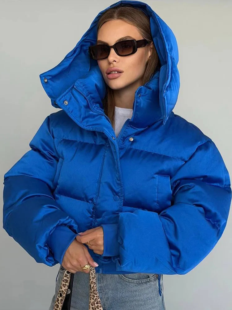 Winter Hooded Jacket Short Top Cropped Drawstring Waist Coat Woman Long Sleeve Warm Quilted Out Jackets Streetwear Lady Clothes