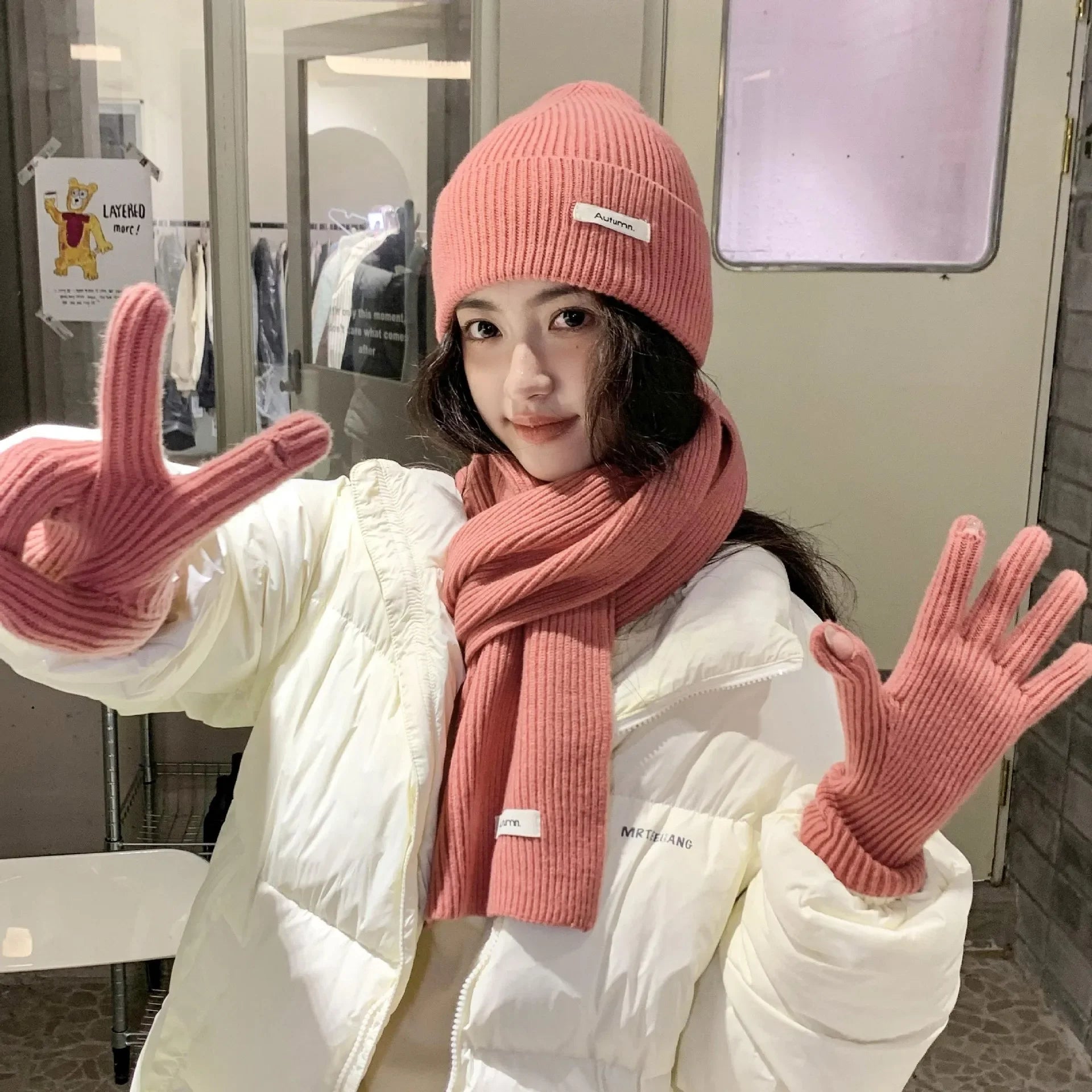 Solid Color Touch Screen Gloves Women Korean Autumn Winter Warm Knitted Three-piece Set Scarves Gloves Hat Women's Glove Sets