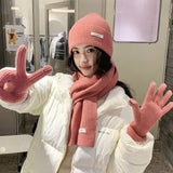 Solid Color Touch Screen Gloves Women Korean Autumn Winter Warm Knitted Three-piece Set Scarves Gloves Hat Women's Glove Sets