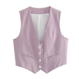 HH Women Casual V-Neck Sleeveless Waistcoat Elegant Fashion Solid Single-breasted Short Vest Chic Tops Female Summer Outerwear