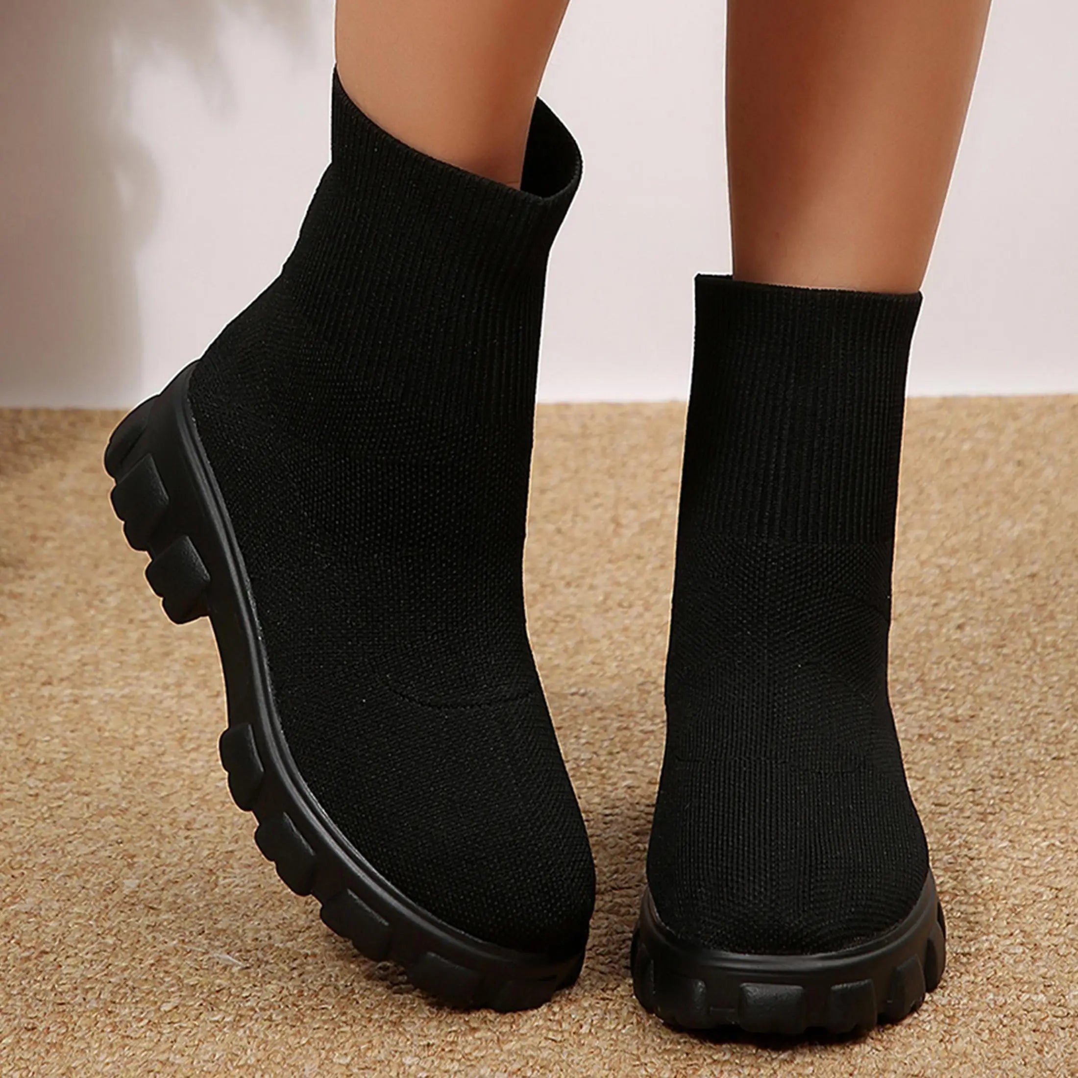 Ankle Boots for Women Comfortable Round Toe Slip On Stretch Soft Chunky Block Heel Knit Platform Boots Punk Dress Sock Boots