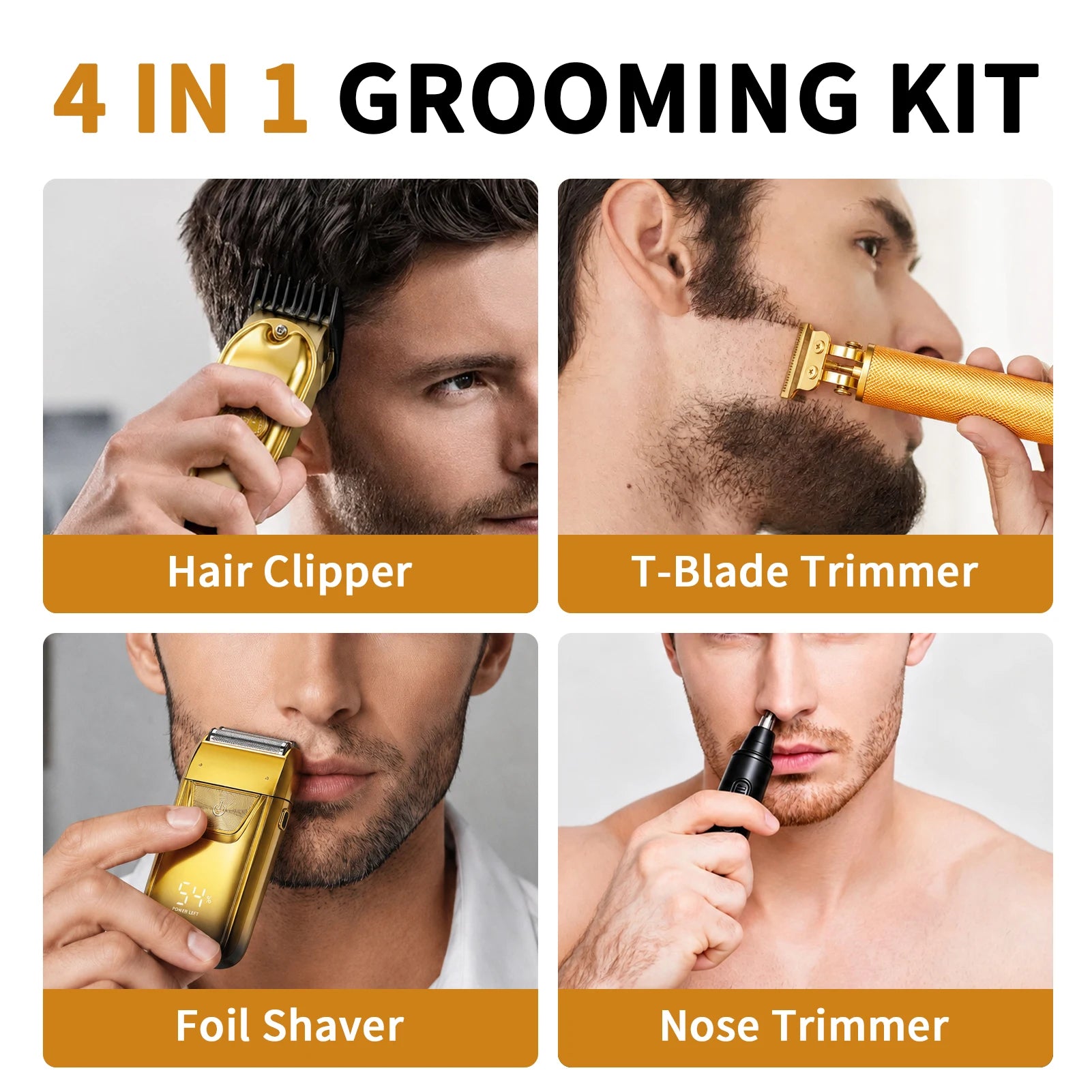 Grooming Kit for Men, Electric Hair Clipper, T-Blade Trimmer, Foil Shaver and Nose Trimmer, Rechargeable Cordless