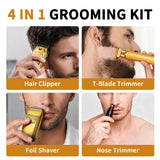 Grooming Kit for Men, Electric Hair Clipper, T-Blade Trimmer, Foil Shaver and Nose Trimmer, Rechargeable Cordless