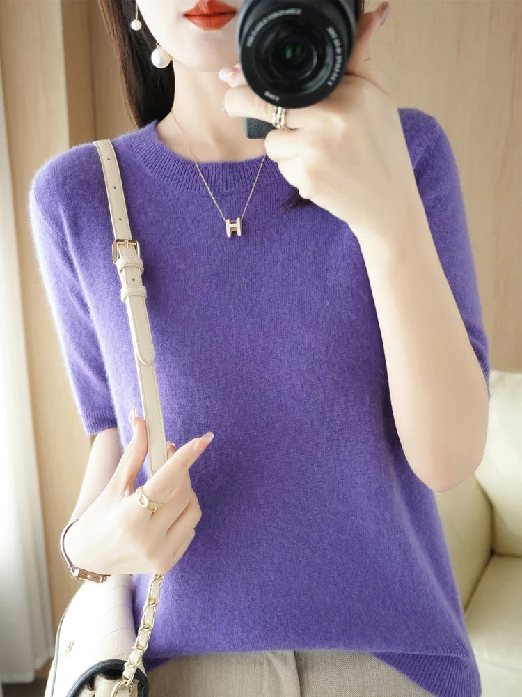 Spring Autumn Women Sweaters Short Sleeves O-neck Bottoming Shirts Knitwear 2026 Summer Knit Tops Pullovers Korean Jumpers