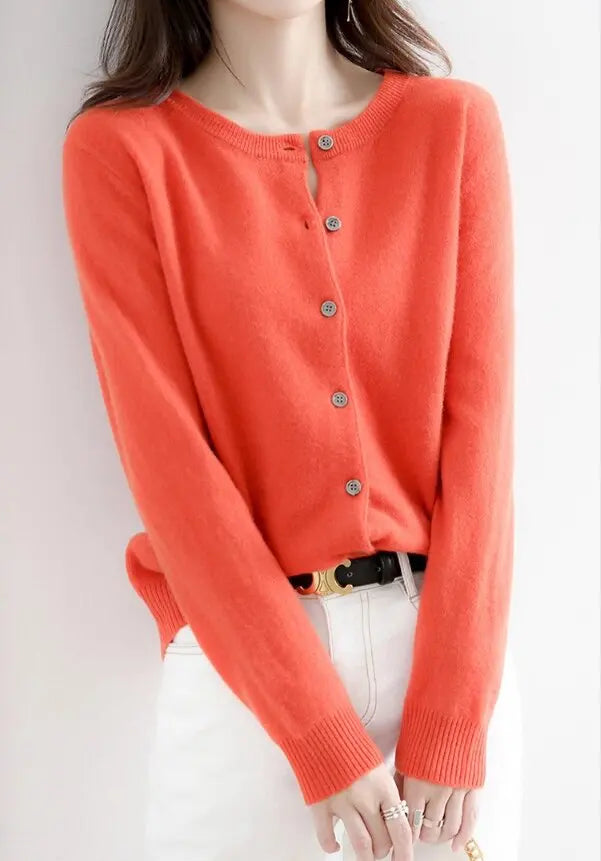 Women Knitted Cardigans Autumn Winter 2025 Round Neck Casual Long Sleeve Tops Solid Basic Soft Sweaters Female
