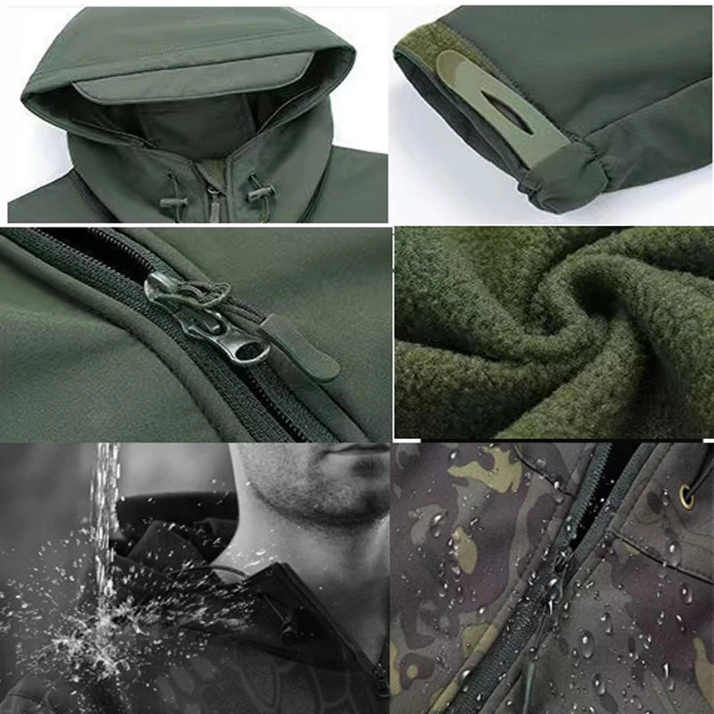 Men's Winter Autumn Warm Softshell Fleece Hood Cargo Jackets Camping Hiking Climbing Hunting Fishing Outdoor Windproof M-5XL