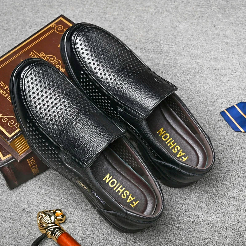 Men's Genuine Leather Sandals Men Summer Hollow Breathable Leather Shoes Mens Casual Soft Comfortable Flats EU Sizes 38-48