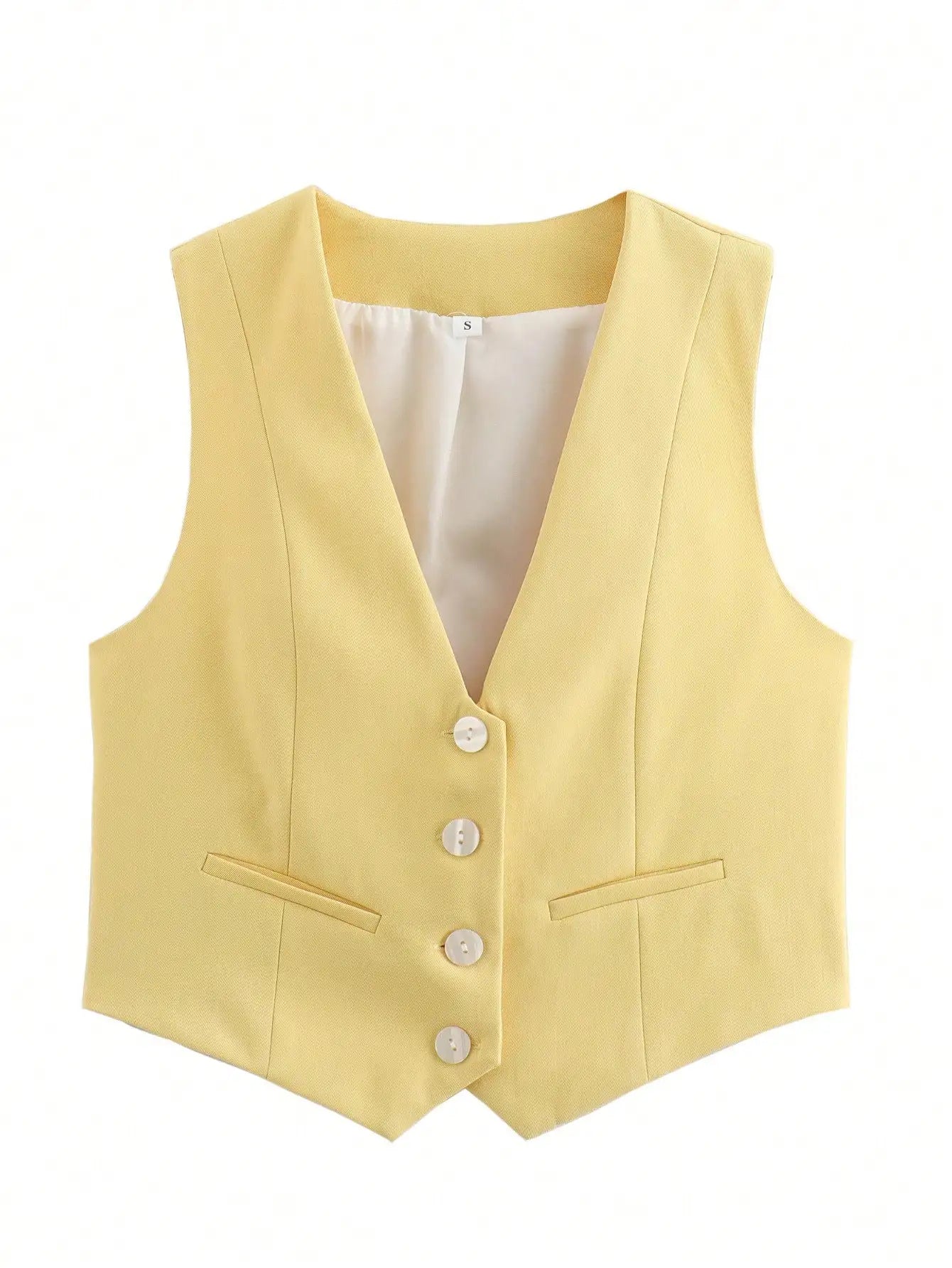 HH Women Casual V-Neck Sleeveless Waistcoat Elegant Fashion Solid Single-breasted Short Vest Chic Tops Female Summer Outerwear