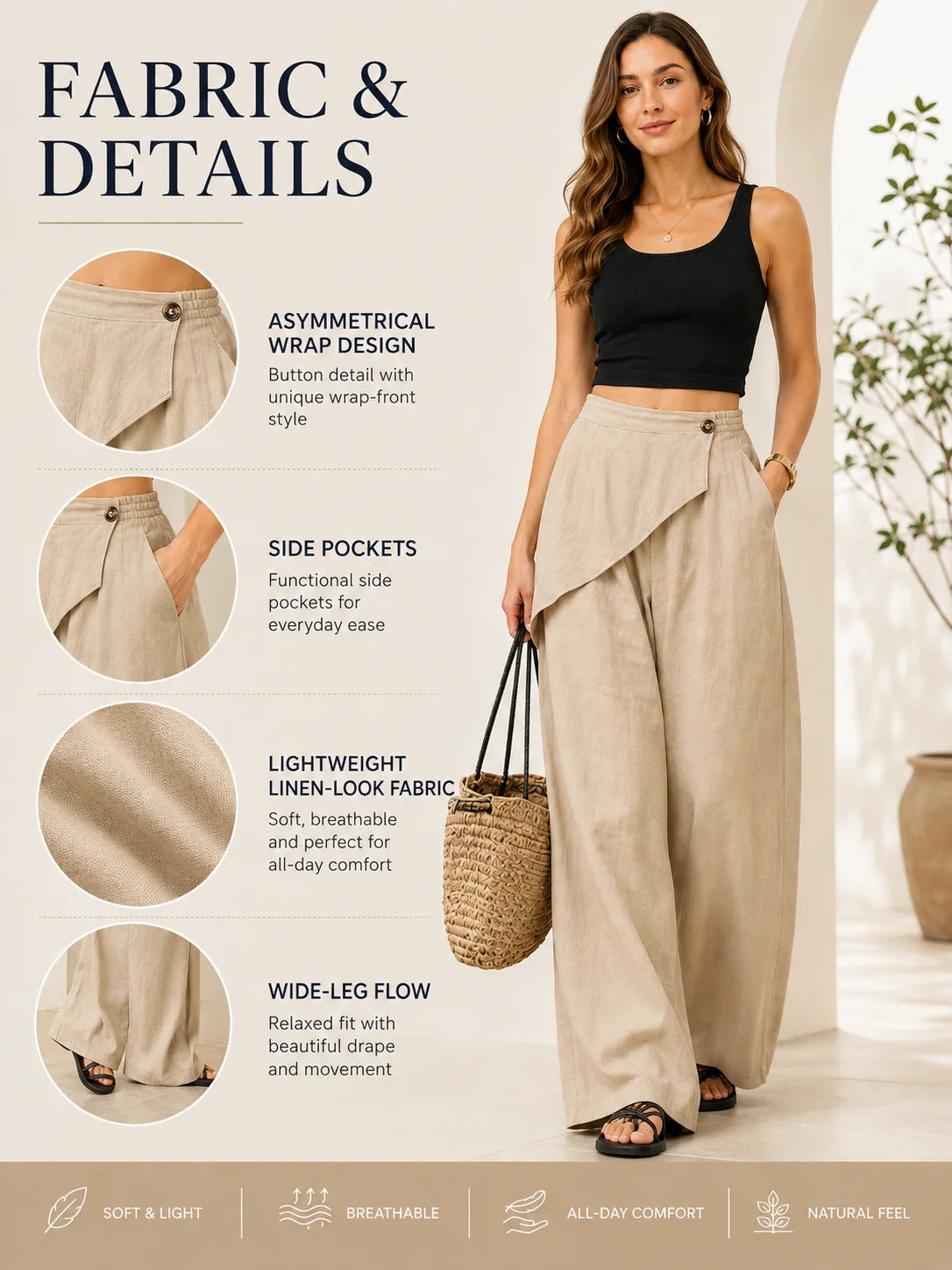 Women Wrap Front Linen Wide Leg Pants, High Waist Elastic Back Waist Culottes with Pockets, Casual Loose Fit Trousers for Summer Beach Daily Streetwear