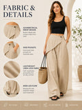 Women Wrap Front Linen Wide Leg Pants, High Waist Elastic Back Waist Culottes with Pockets, Casual Loose Fit Trousers for Summer Beach Daily Streetwear