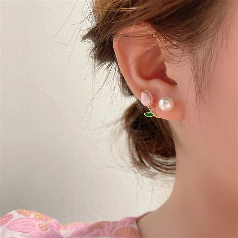 new pattern red tulip flower earrings for women jewelry 2024 trending luxury back hanging Purple women's stud earrings new