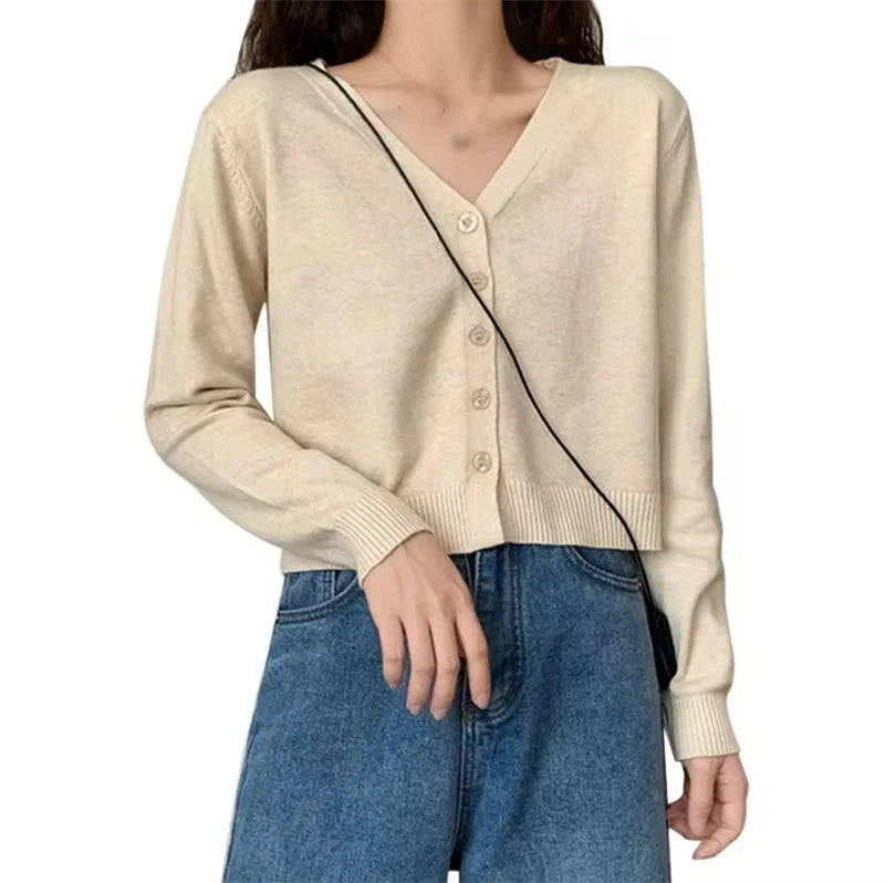 2026 Women Long Sleeve Cropped Cardigan V Neck Button Down Knit Lady Autumn Spring Knitted Single-breasted Cardigan Sweaters