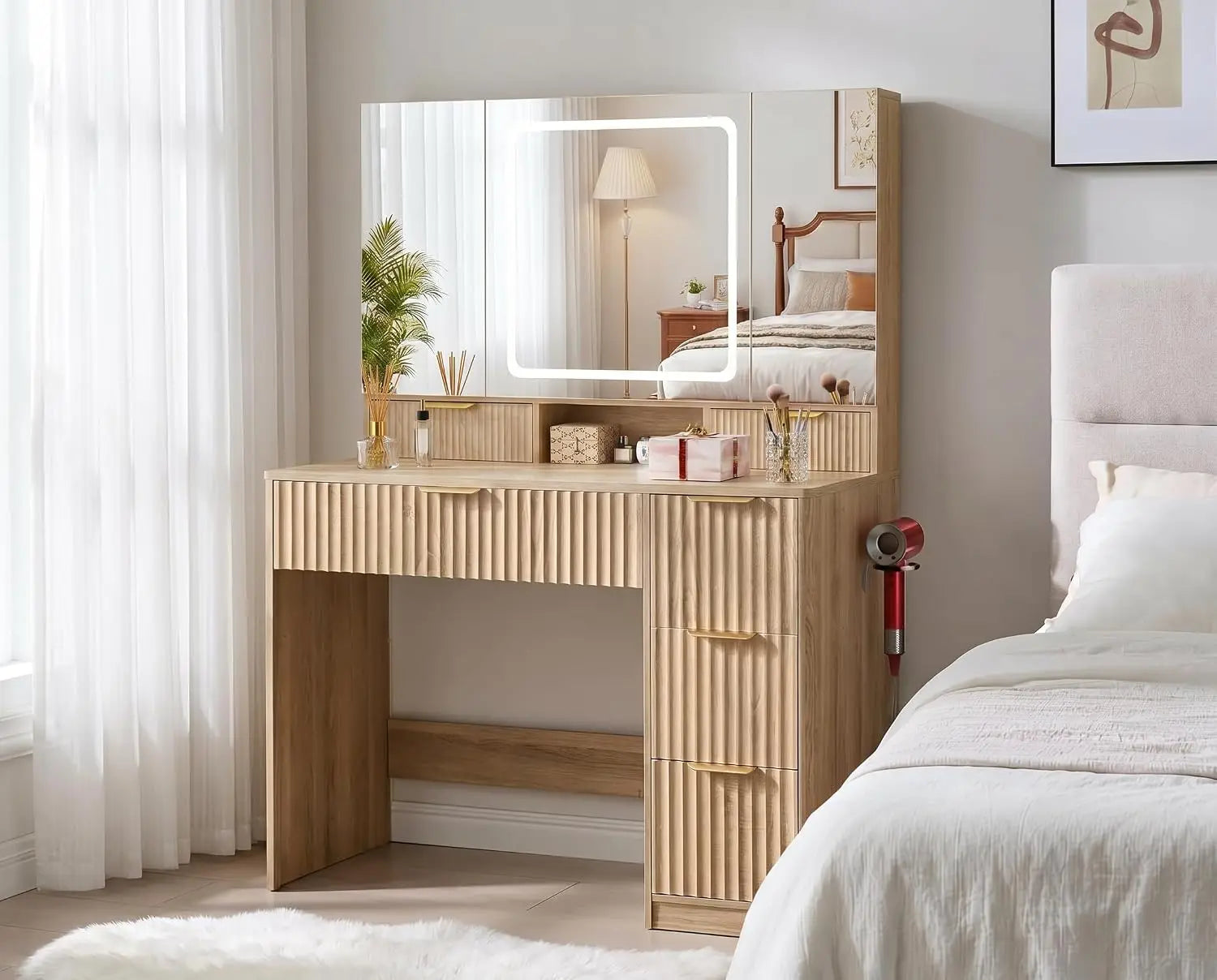 Vanity Desk 3 Way Mirror Lights Makeup Vanity 360 View Mirror 3 Lighting Modes 6 Drawers Storage Cabinet Fluted Wood Vanity Tabl