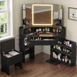 Corner Vanity Desk with Mirror and Lights, Power Outlet & Rotating Shelves, Makeup Vanities with Storage Bench