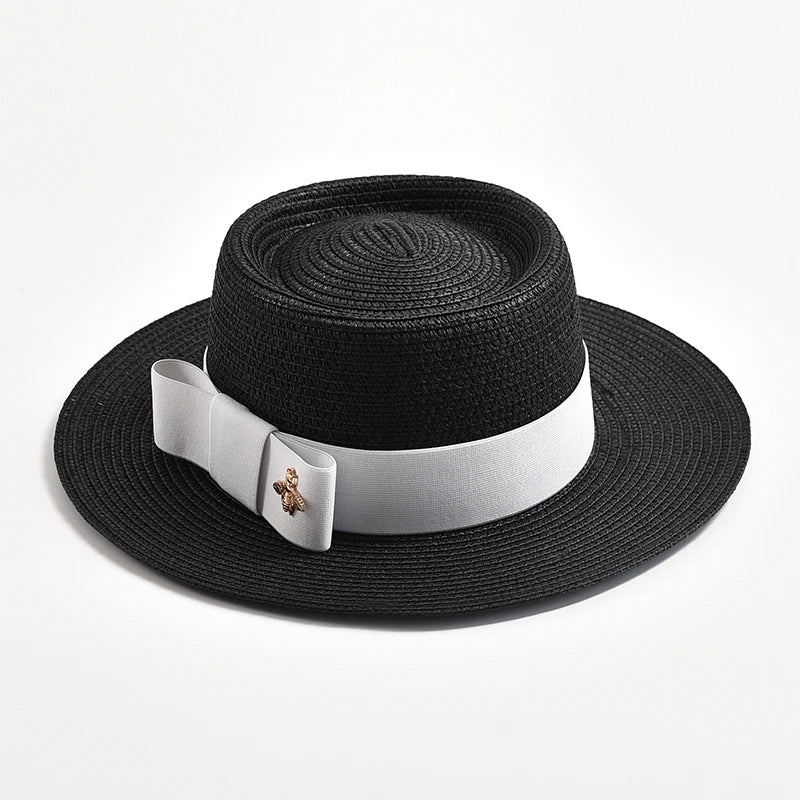 NEW Spring Summer Straw Hats for Women Round Bumpy Surface Flat Top Bowknot Dress Cap Travel Beach Sun Hat Gorra