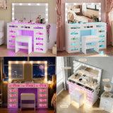 Luxury Makeup Vanity with 11 Drawers amp RGB Lights, Large Vanity Table with Padded Stool amp 11 LED Bulbs, Vanity Desk with Po