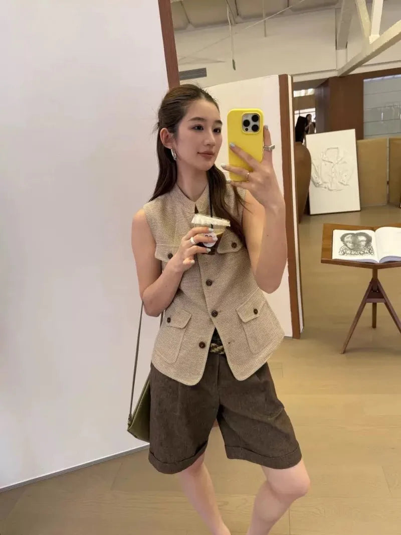 Summer Female Hollow Out O Neck Vest New Women Single Breasted Leisure Vests Fashion Thin Sleeveless Jacket Solid Color Tank Top