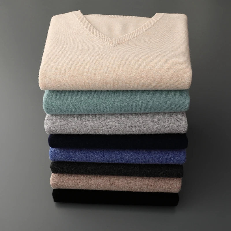 Autumn And Winter New Men's V-Neck Cashmere Loose Thickened Solid Color Wool Knitted Bottoming Shirt Business Casual Sweater